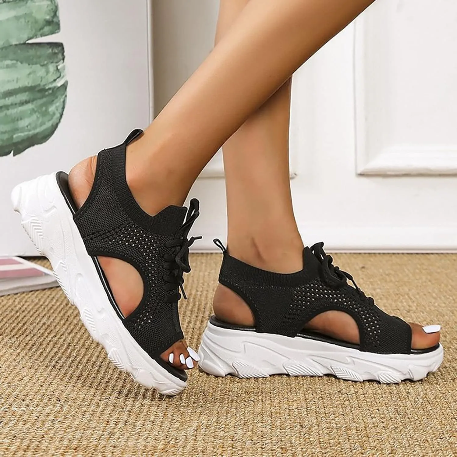 Dheva-C Orthopedic Wedge Sandals for Women Summer Dressy Women Sandals Mesh Casual Thick Soled Lace Up Sandals Open Toe Beach Shoes Platform Ankle Strap Comfortable Outdoor Shoes (Black, 8.5)