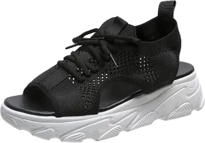 Dheva-C Orthopedic Wedge Sandals for Women Summer Dressy Women Sandals Mesh Casual Thick Soled Lace Up Sandals Open Toe Beach Shoes Platform Ankle Strap Comfortable Outdoor Shoes (Black, 8.5)