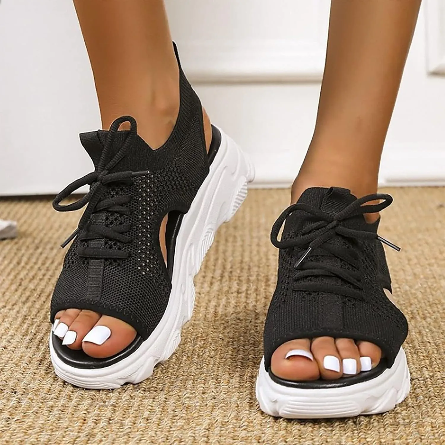 Dheva-C Orthopedic Wedge Sandals for Women Summer Dressy Women Sandals Mesh Casual Thick Soled Lace Up Sandals Open Toe Beach Shoes Platform Ankle Strap Comfortable Outdoor Shoes (Black, 8.5)