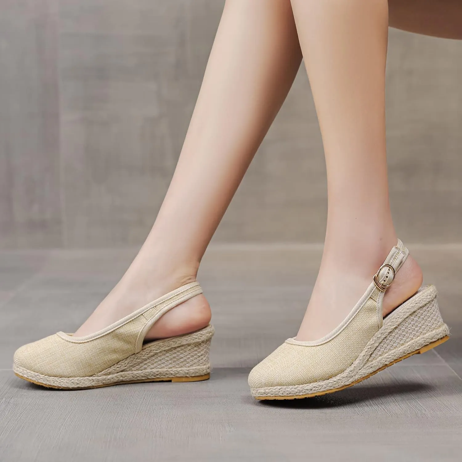 Dheva-C Women's Ankle Strap Closed Toe Espadrille Wedge Heels Sandals Retro Casual Buckle Strap Ladies Platform Summer Shoes (Beige-e, 9)