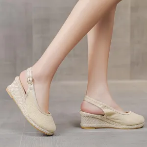 Dheva-C Women's Ankle Strap Closed Toe Espadrille Wedge Heels Sandals Retro Casual Buckle Strap Ladies Platform Summer Shoes (Beige-e, 9)