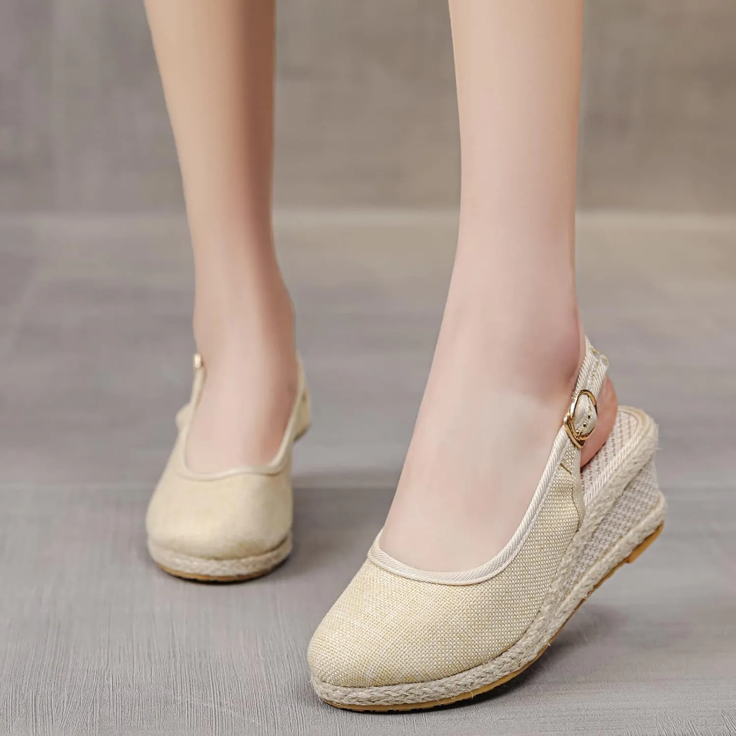 Dheva-C Women's Ankle Strap Closed Toe Espadrille Wedge Heels Sandals Retro Casual Buckle Strap Ladies Platform Summer Shoes (Beige-e, 9)