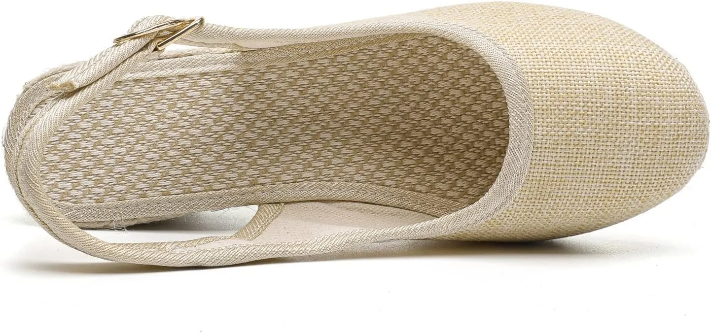 Dheva-C Women's Ankle Strap Closed Toe Espadrille Wedge Heels Sandals Retro Casual Buckle Strap Ladies Platform Summer Shoes (Beige-e, 9)
