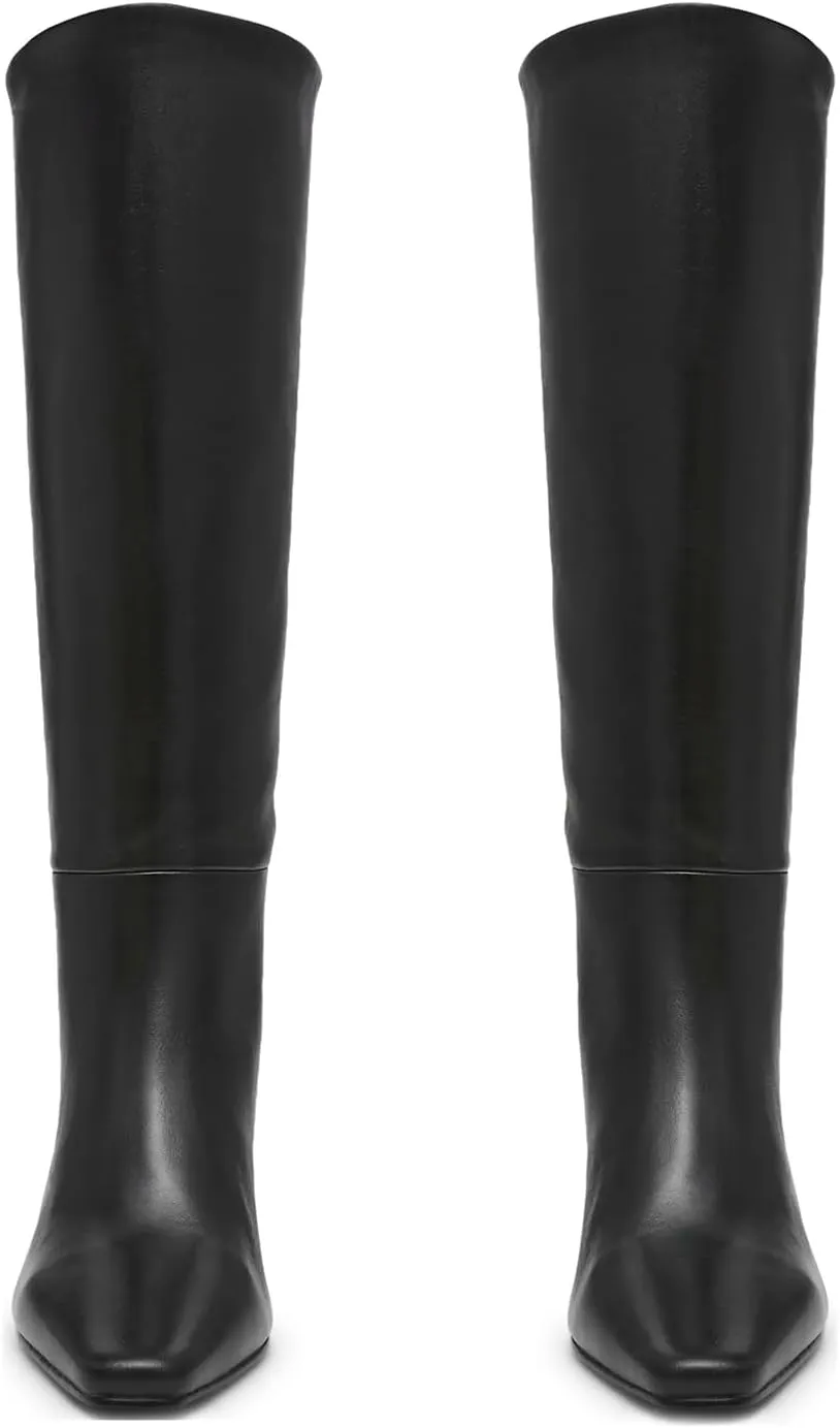DOEYG Black Knee High Boots for Women Pointed Toe Kitten Heel Tall Boots Wide Calf Pull on Fall Fashion Long Boots