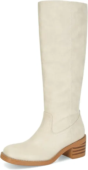 DOEYG Women's Banana Knee High Boots Square Toe Chunky Block Heel Tall Boots Wide Calf Fashion Comfortable Casual Pull on Long Boots