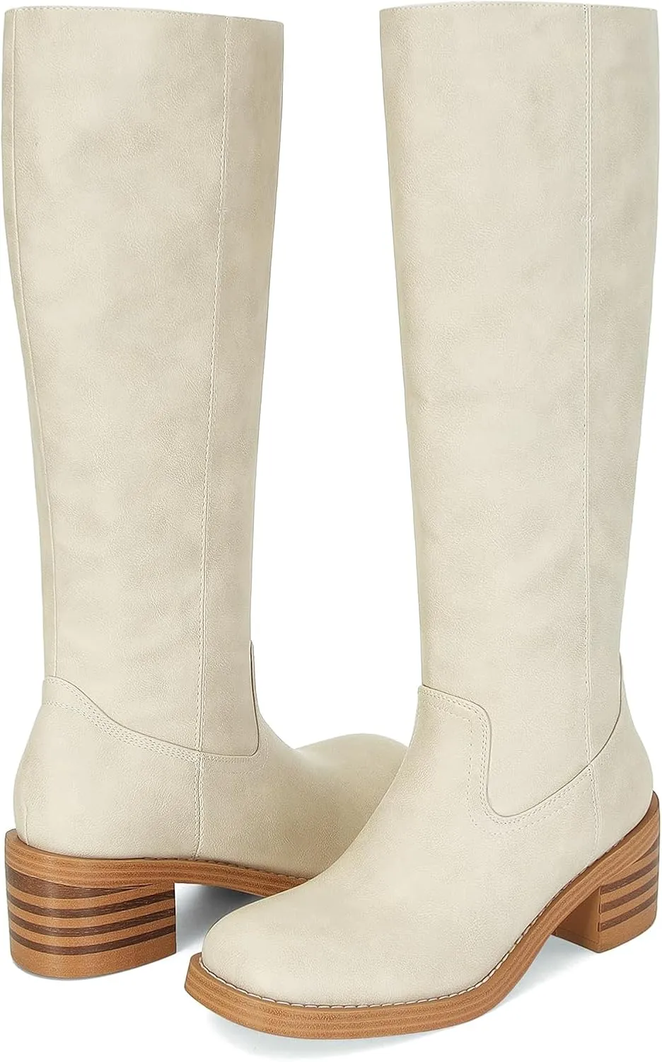 DOEYG Women's Banana Knee High Boots Square Toe Chunky Block Heel Tall Boots Wide Calf Fashion Comfortable Casual Pull on Long Boots
