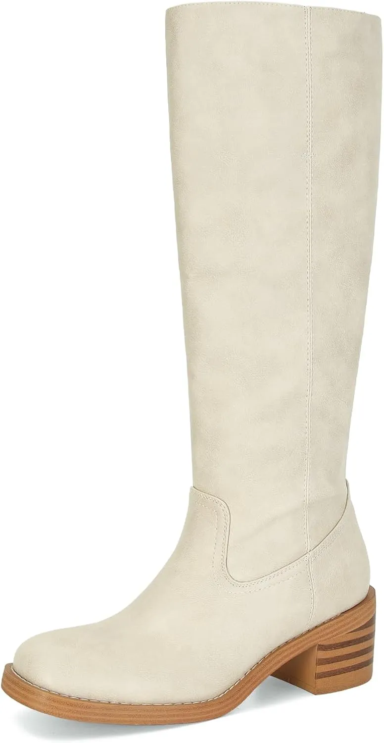 DOEYG Women's Banana Knee High Boots Square Toe Chunky Block Heel Tall Boots Wide Calf Fashion Comfortable Casual Pull on Long Boots