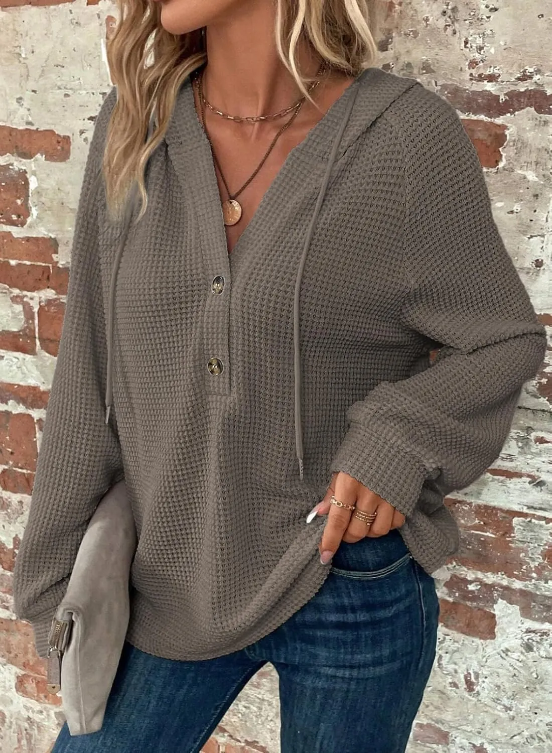Dokotoo Hoodies for Women Waffle Knit Long Sleeve Drawstring Button V Neck Casual Pullover Sweatshirt Hooded Tops