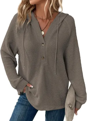 Dokotoo Hoodies for Women Waffle Knit Long Sleeve Drawstring Button V Neck Casual Pullover Sweatshirt Hooded Tops