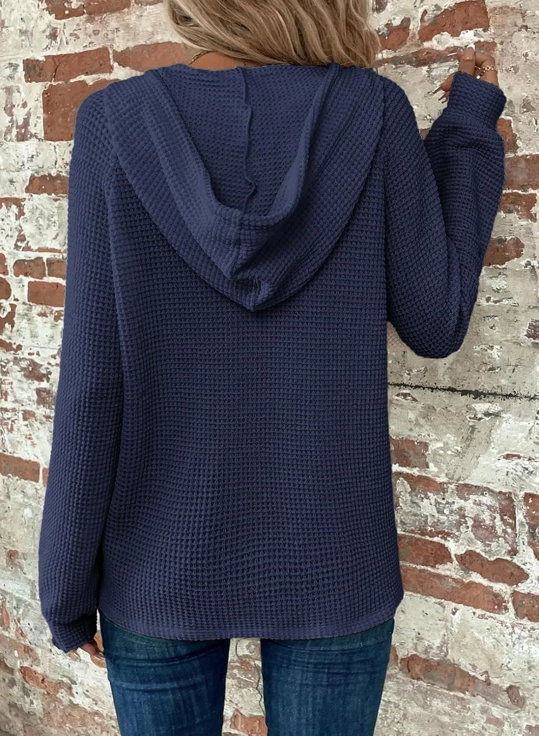 Dokotoo Hoodies for Women Waffle Knit Long Sleeve Drawstring Button V Neck Casual Pullover Sweatshirt Hooded Tops
