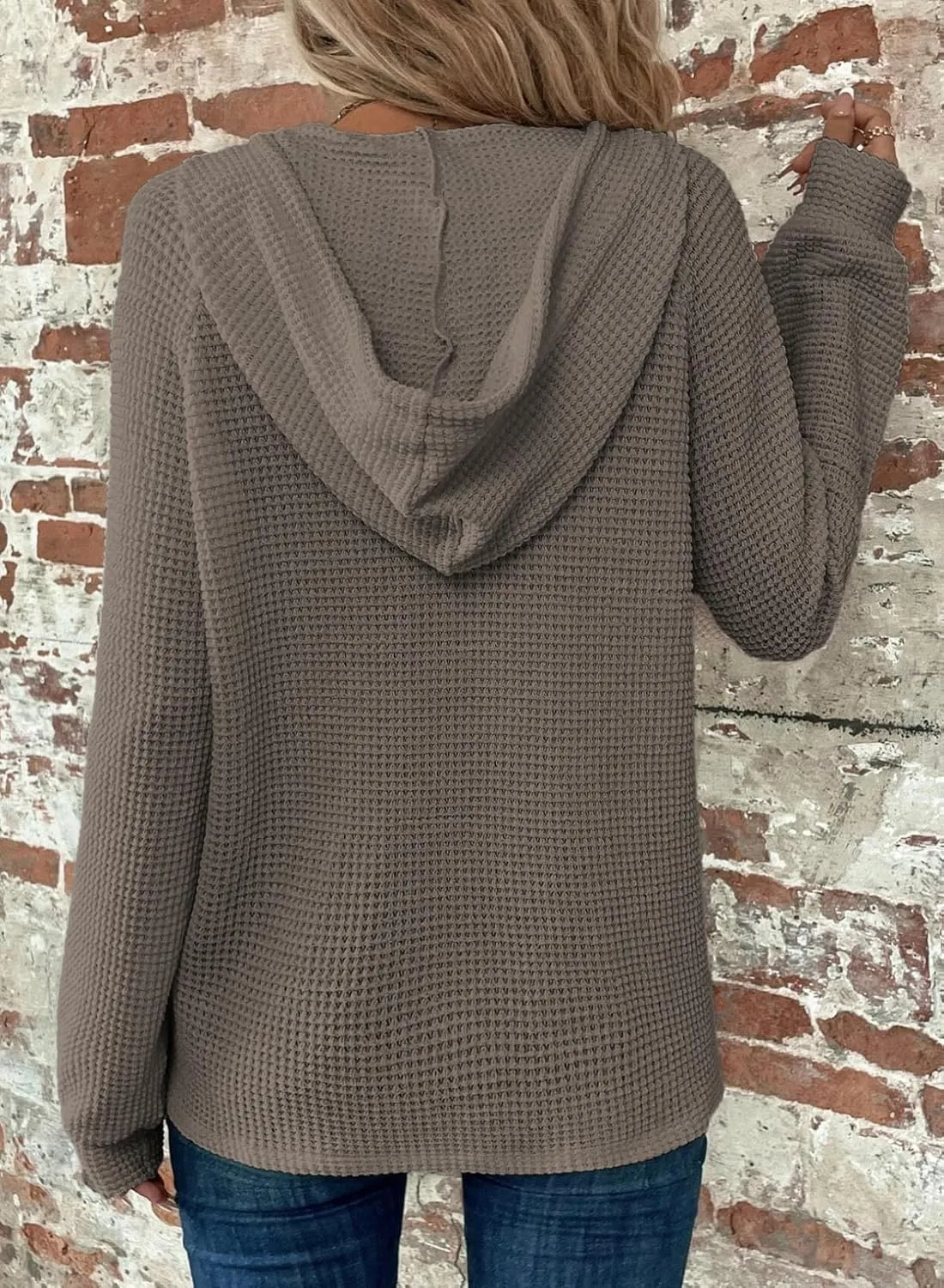 Dokotoo Hoodies for Women Waffle Knit Long Sleeve Drawstring Button V Neck Casual Pullover Sweatshirt Hooded Tops
