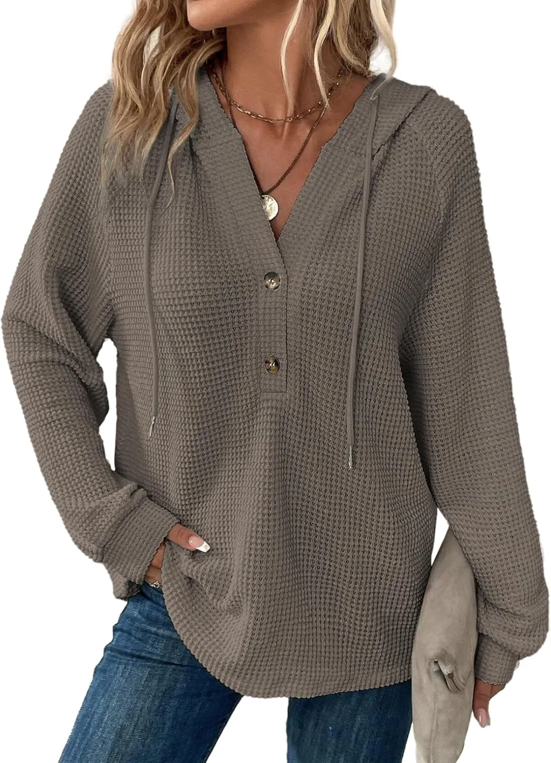 Dokotoo Hoodies for Women Waffle Knit Long Sleeve Drawstring Button V Neck Casual Pullover Sweatshirt Hooded Tops