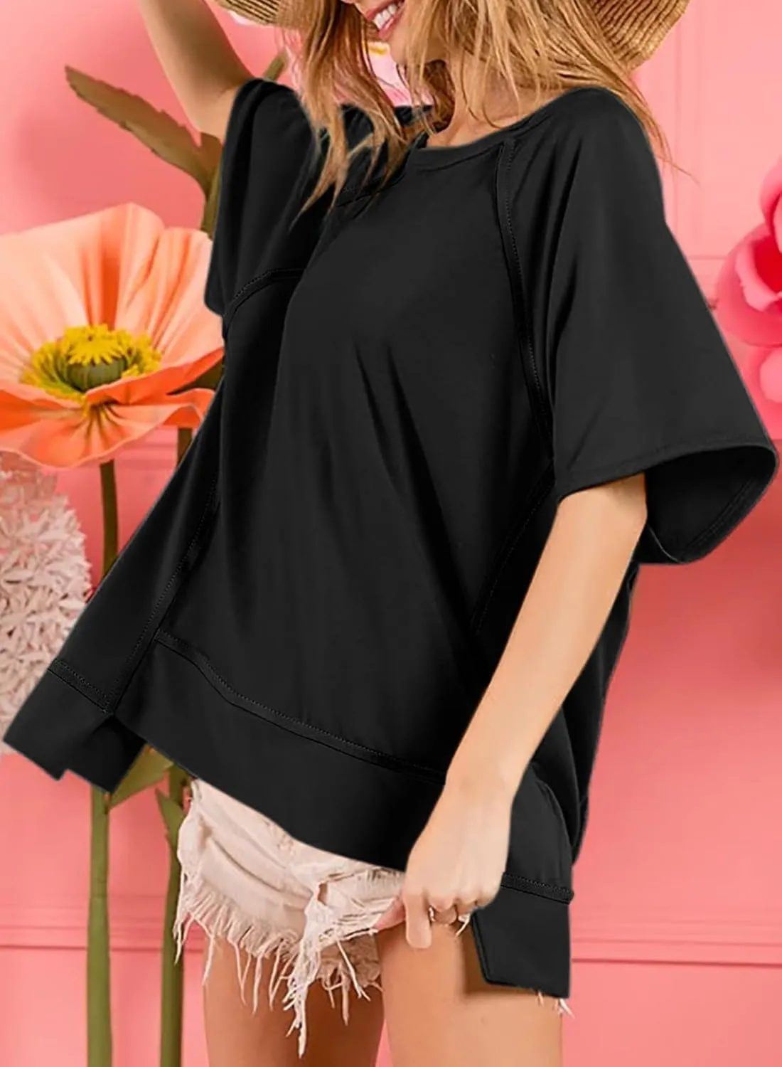 Dokotoo Oversized T Shirts for Women Crewneck Short Sleeve Casual Summer Tops Lightweight Loose High Low Blouse