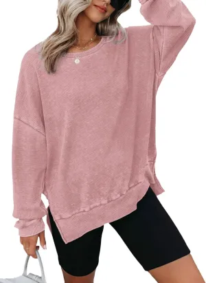 Dokotoo Womens Oversized Waffle Knit Crewneck Sweatshirts Long Sleeve Side Slits Casual Pullover Sweatshirt Tops
