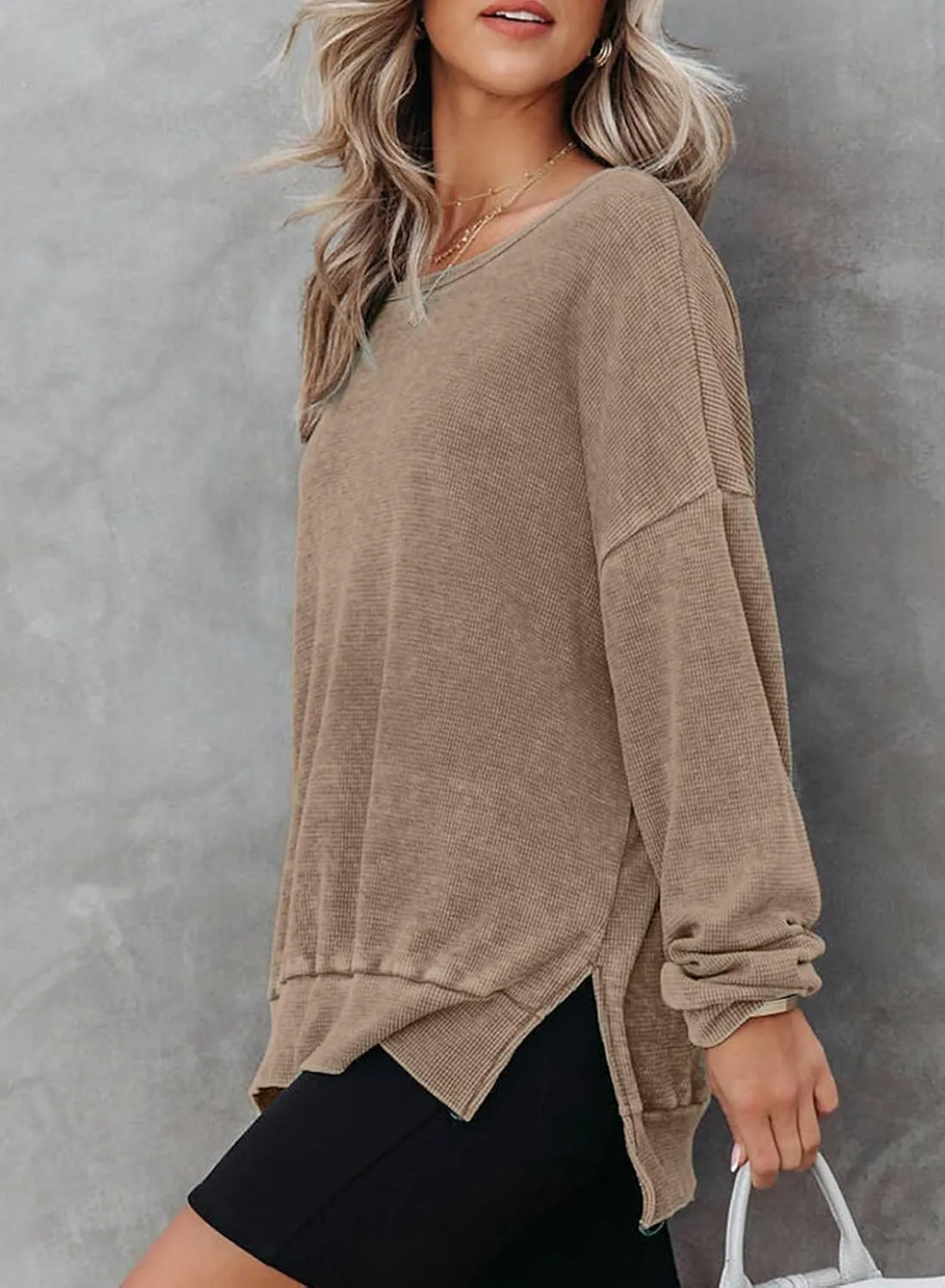 Dokotoo Womens Oversized Waffle Knit Crewneck Sweatshirts Long Sleeve Side Slits Casual Pullover Sweatshirt Tops
