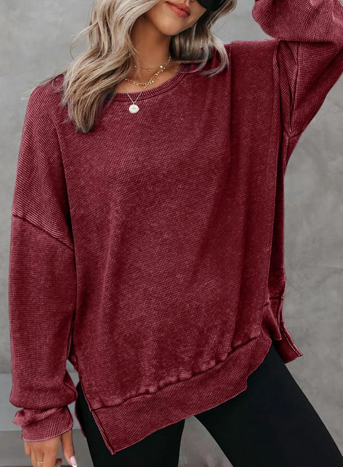 Dokotoo Womens Oversized Waffle Knit Crewneck Sweatshirts Long Sleeve Side Slits Casual Pullover Sweatshirt Tops