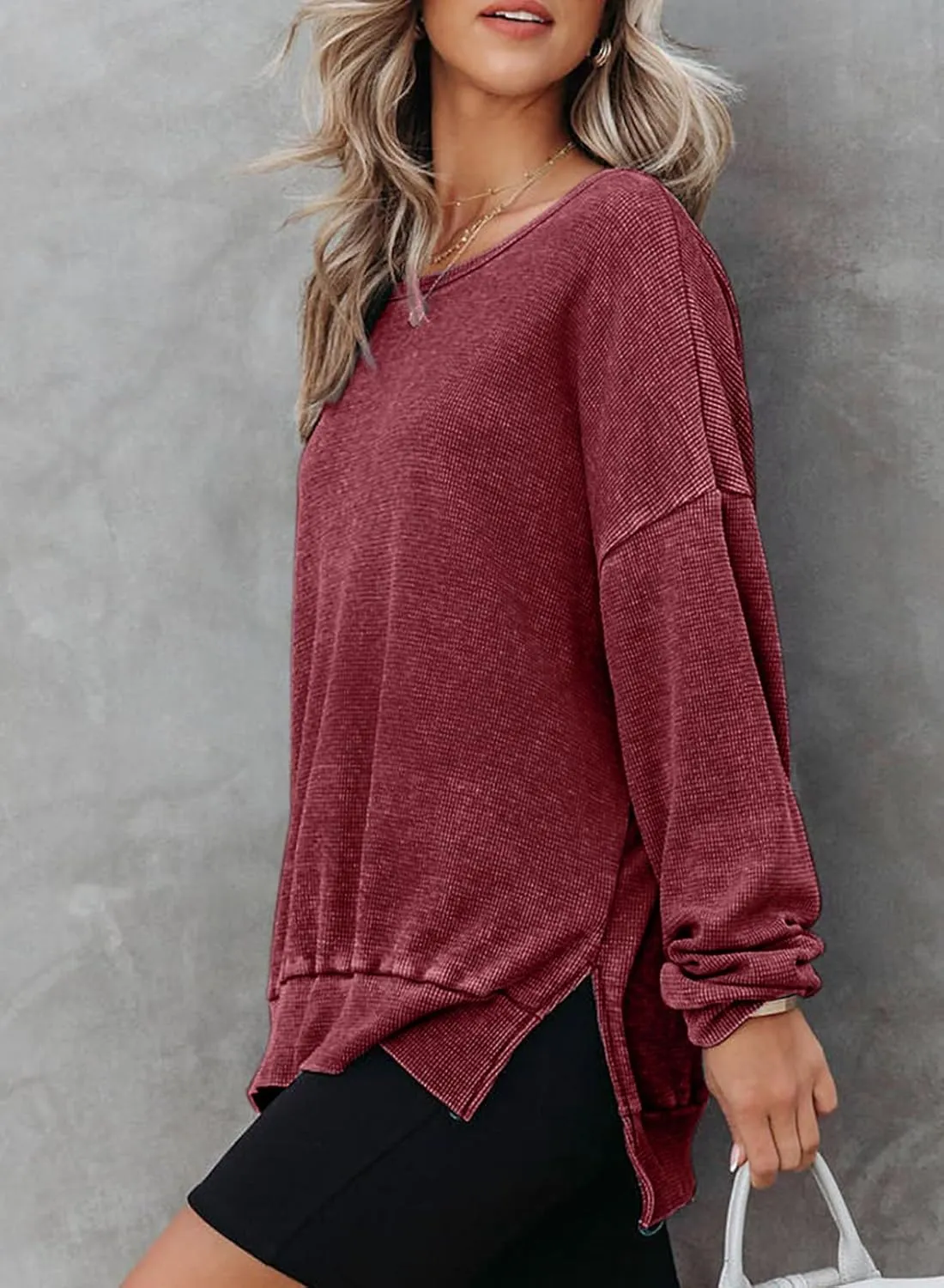 Dokotoo Womens Oversized Waffle Knit Crewneck Sweatshirts Long Sleeve Side Slits Casual Pullover Sweatshirt Tops