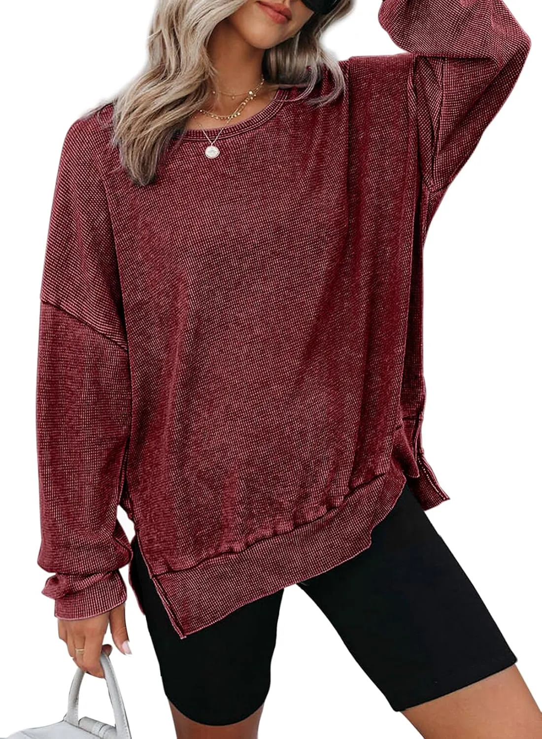 Dokotoo Womens Oversized Waffle Knit Crewneck Sweatshirts Long Sleeve Side Slits Casual Pullover Sweatshirt Tops