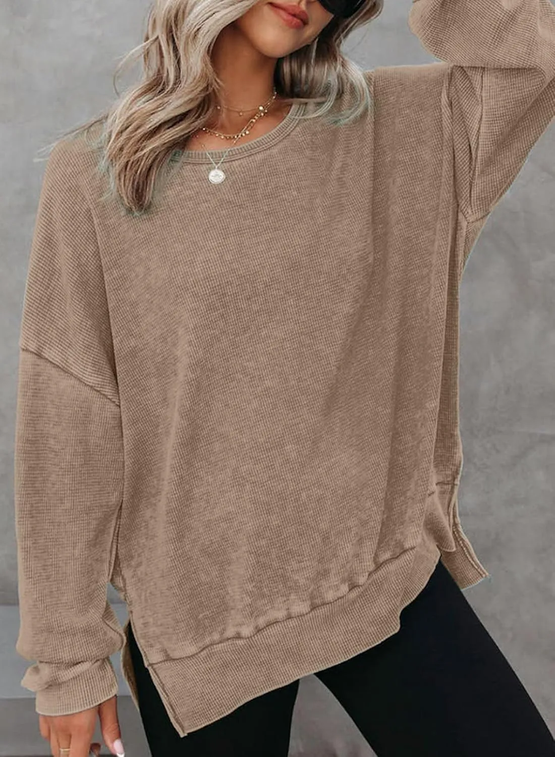 Dokotoo Womens Oversized Waffle Knit Crewneck Sweatshirts Long Sleeve Side Slits Casual Pullover Sweatshirt Tops