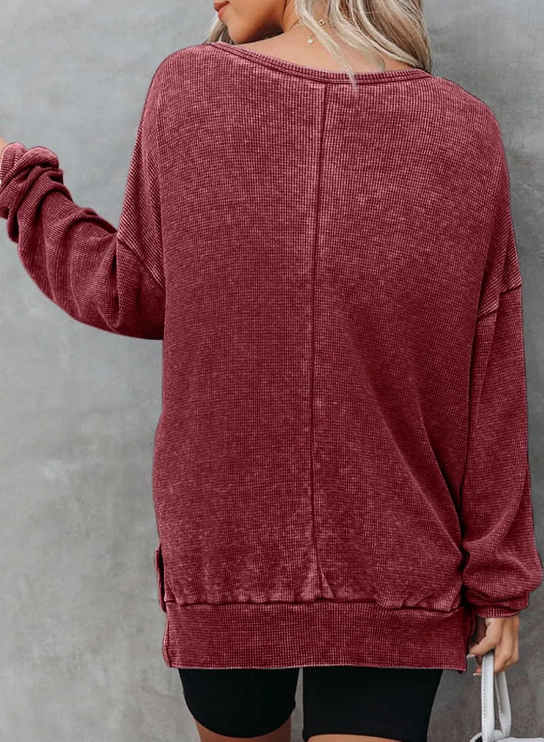 Dokotoo Womens Oversized Waffle Knit Crewneck Sweatshirts Long Sleeve Side Slits Casual Pullover Sweatshirt Tops