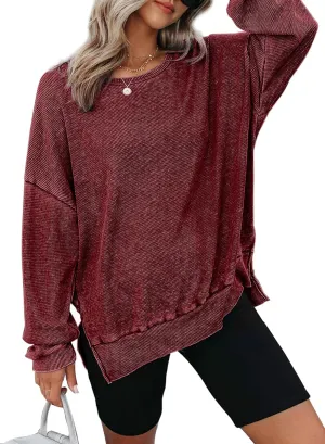 Dokotoo Womens Oversized Waffle Knit Crewneck Sweatshirts Long Sleeve Side Slits Casual Pullover Sweatshirt Tops