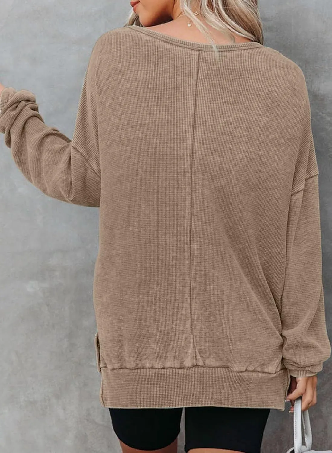 Dokotoo Womens Oversized Waffle Knit Crewneck Sweatshirts Long Sleeve Side Slits Casual Pullover Sweatshirt Tops