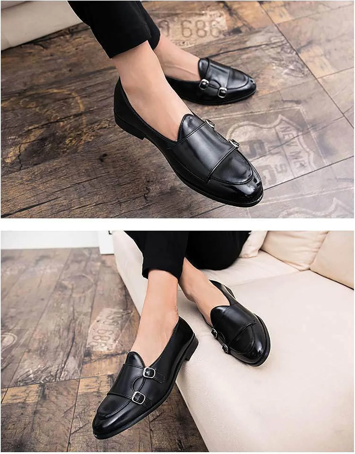 Double Monk Strap Shoes Men,Slip-On Non-Slip Comfortable Handmade Patent Leather Casual Leather Shoes,Italian Luxury Wedding Shoes