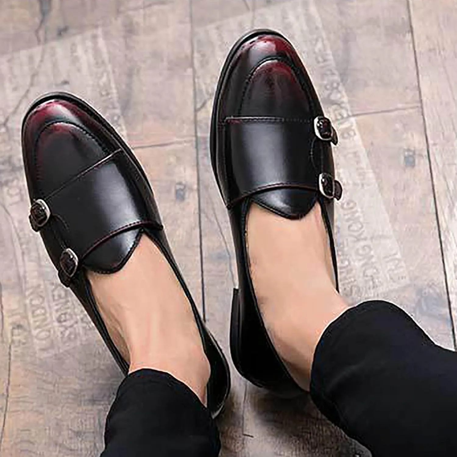 Double Monk Strap Shoes Men,Slip-On Non-Slip Comfortable Handmade Patent Leather Casual Leather Shoes,Italian Luxury Wedding Shoes