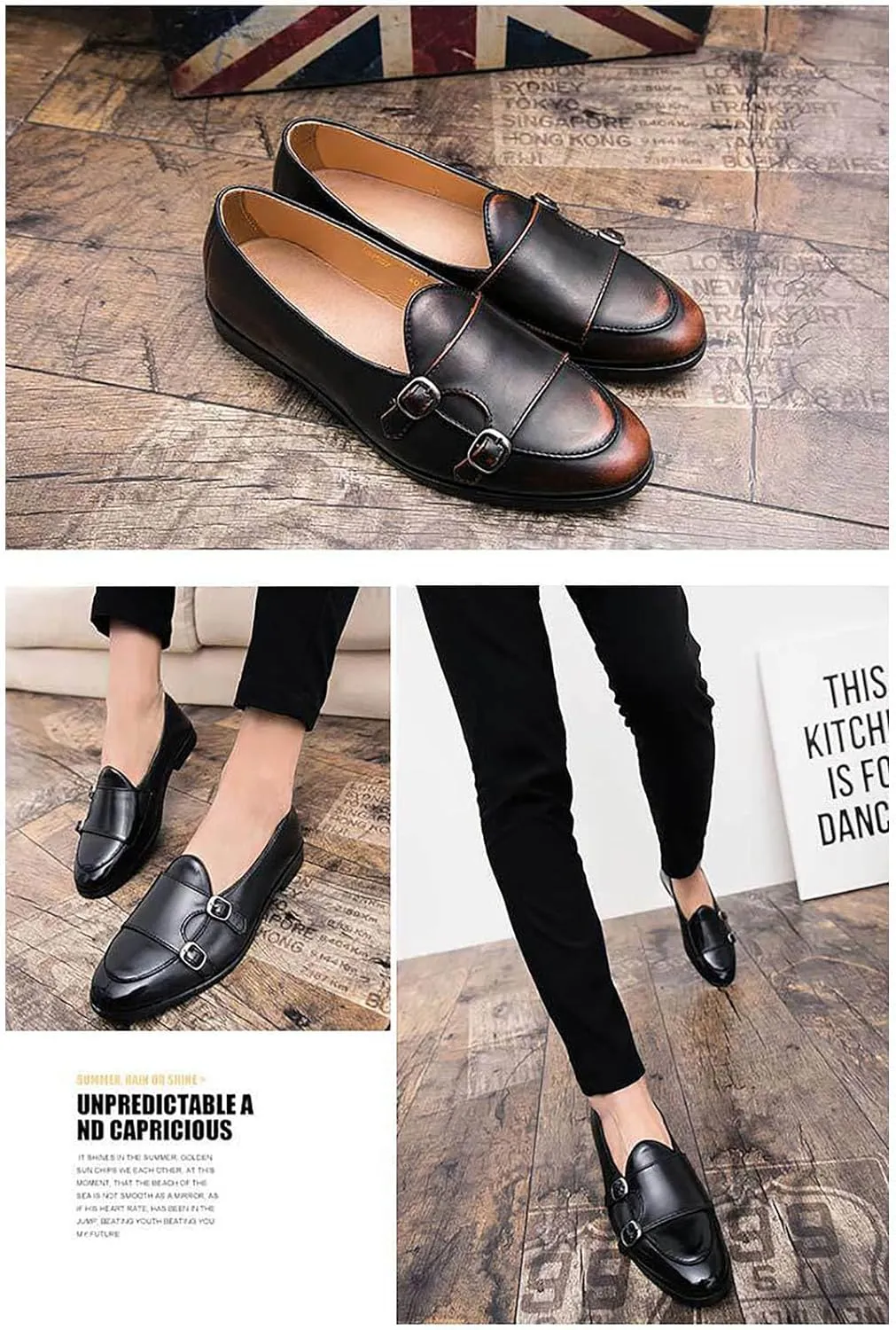 Double Monk Strap Shoes Men,Slip-On Non-Slip Comfortable Handmade Patent Leather Casual Leather Shoes,Italian Luxury Wedding Shoes