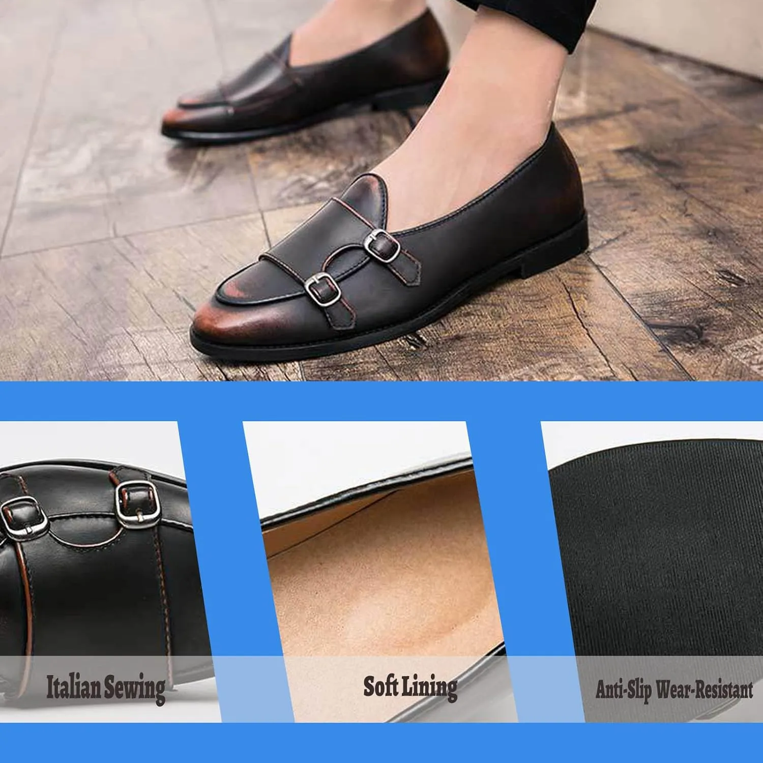Double Monk Strap Shoes Men,Slip-On Non-Slip Comfortable Handmade Patent Leather Casual Leather Shoes,Italian Luxury Wedding Shoes