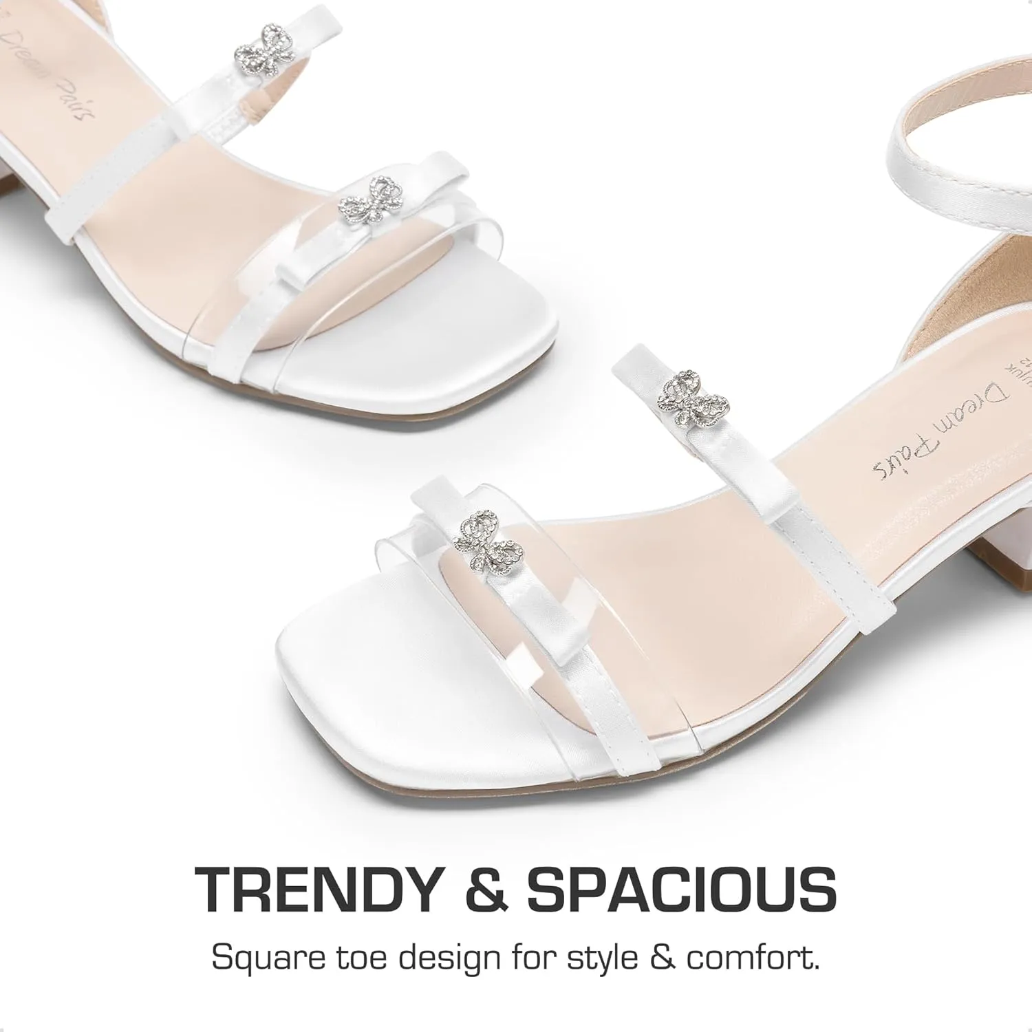 DREAM PAIRS Girls Sandals Low Heel Dress Pump Ankle Strap Two Strapped Bow Flower Wedding Party Shoes for Little Kid/Big Kid