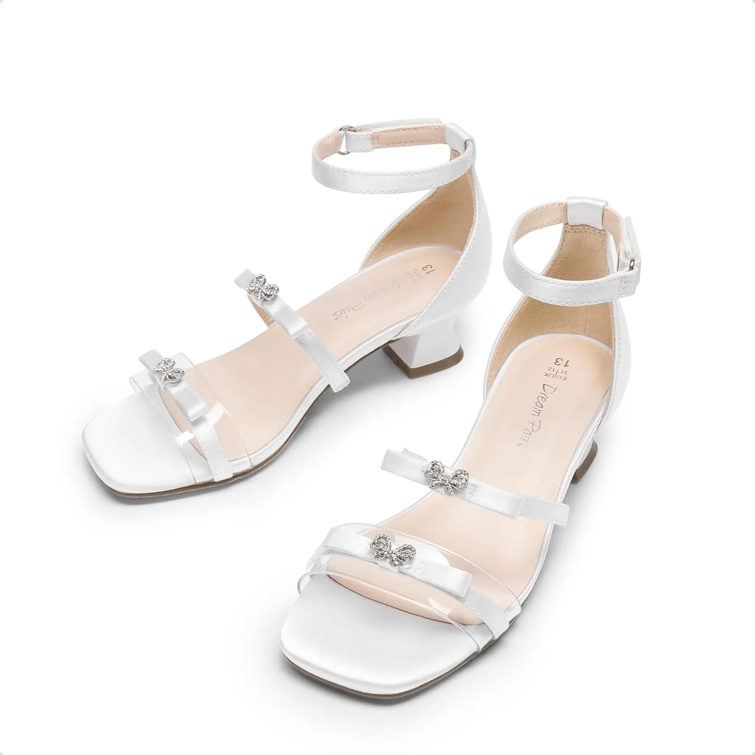 DREAM PAIRS Girls Sandals Low Heel Dress Pump Ankle Strap Two Strapped Bow Flower Wedding Party Shoes for Little Kid/Big Kid