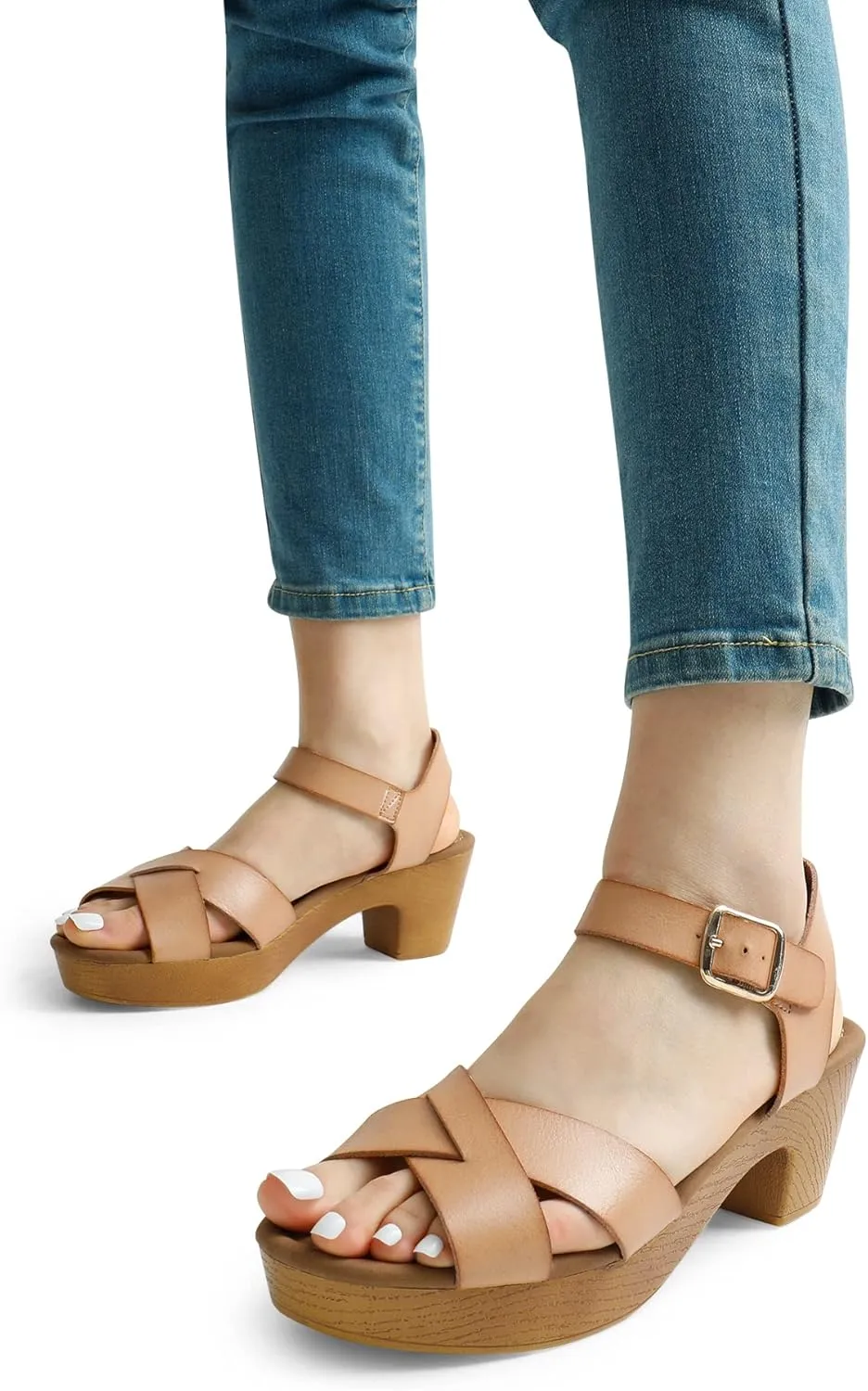 DREAM PAIRS Women's Platform Chunky Heels Faux Wood Block Heels Cute Open Toe Ankle Strap Crisscross Mid Heels Wedding Party Dance Pump Sandals Shoes