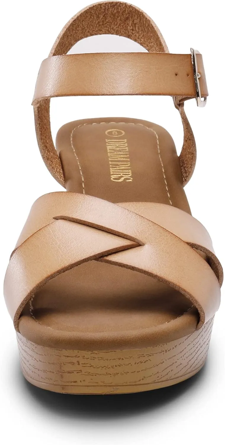 DREAM PAIRS Women's Platform Chunky Heels Faux Wood Block Heels Cute Open Toe Ankle Strap Crisscross Mid Heels Wedding Party Dance Pump Sandals Shoes