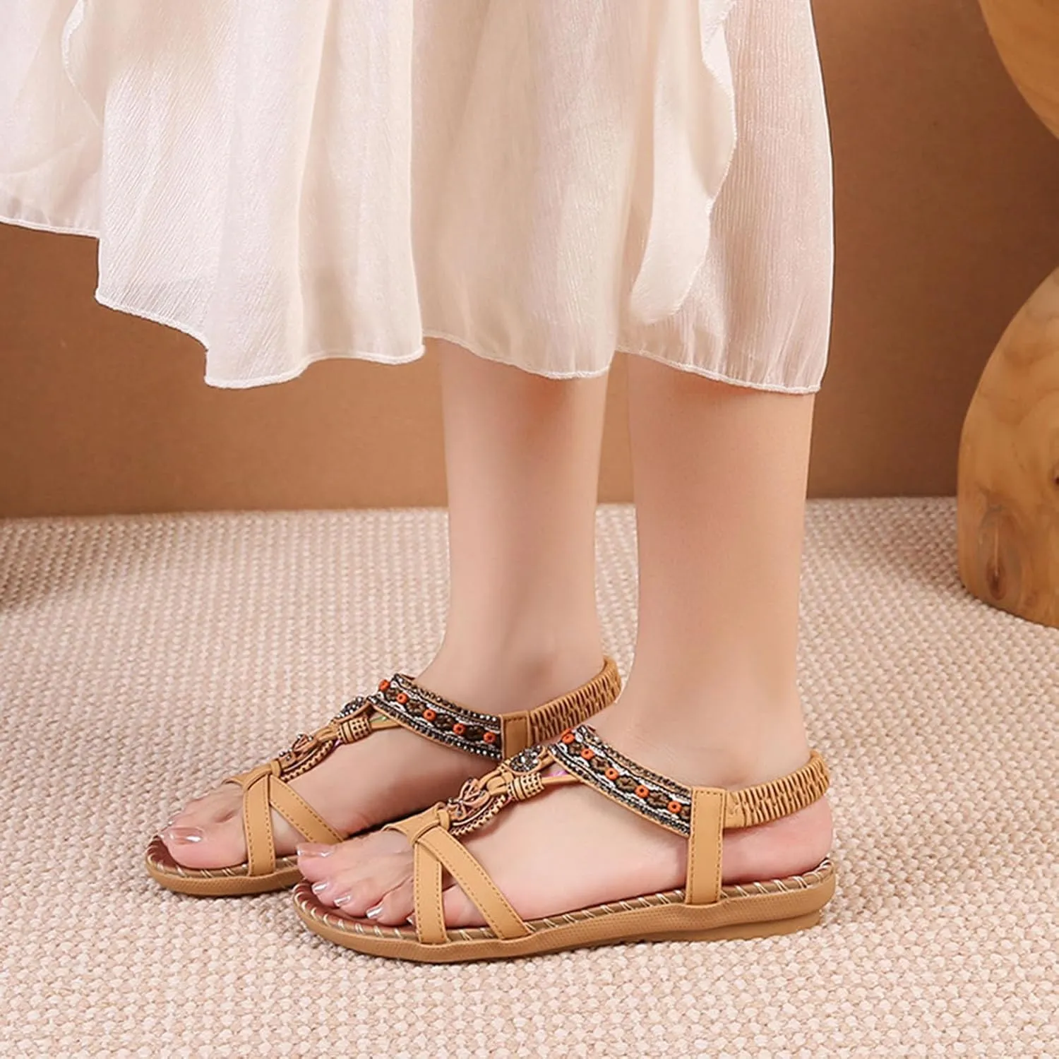 Dressy Sandals Women Summer Holiday Sandals Comfortable Shoes Boho Open Toe Ankle Elastic Sandals for Beach Walking