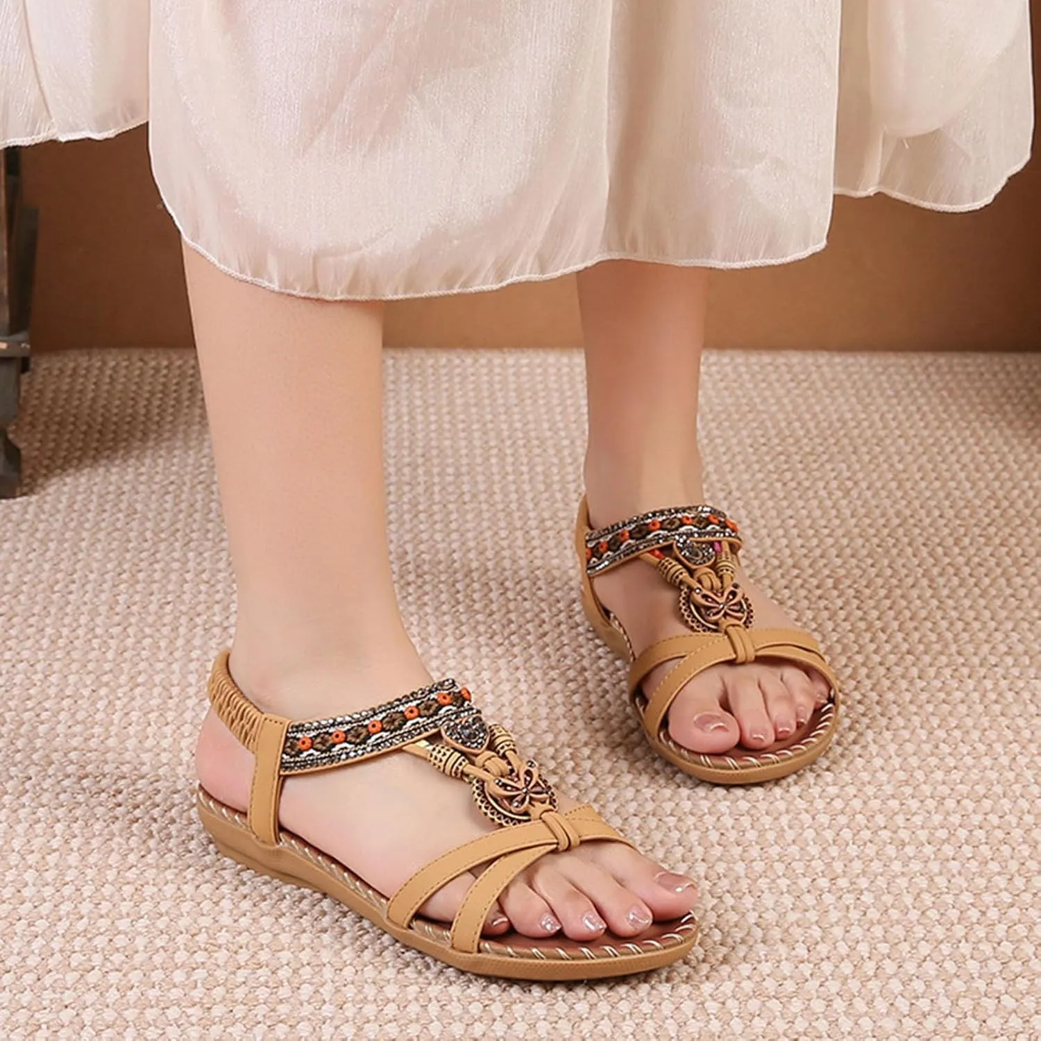 Dressy Sandals Women Summer Holiday Sandals Comfortable Shoes Boho Open Toe Ankle Elastic Sandals for Beach Walking