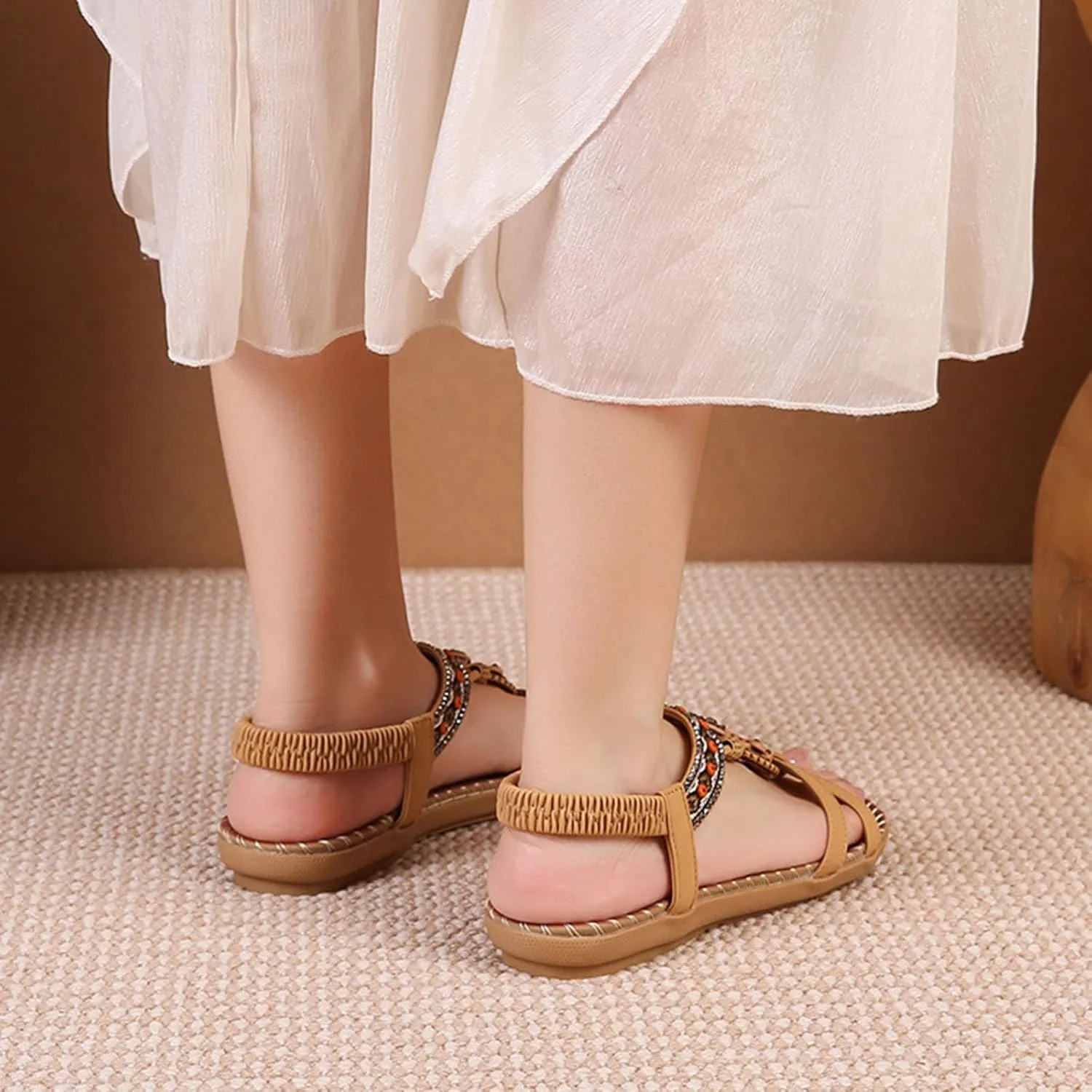 Dressy Sandals Women Summer Holiday Sandals Comfortable Shoes Boho Open Toe Ankle Elastic Sandals for Beach Walking