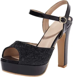 Elbslutt Women's High Heel Platform Chunky Sandals Glitter Peep Toe Ankle Strap Block Heeled Pumps