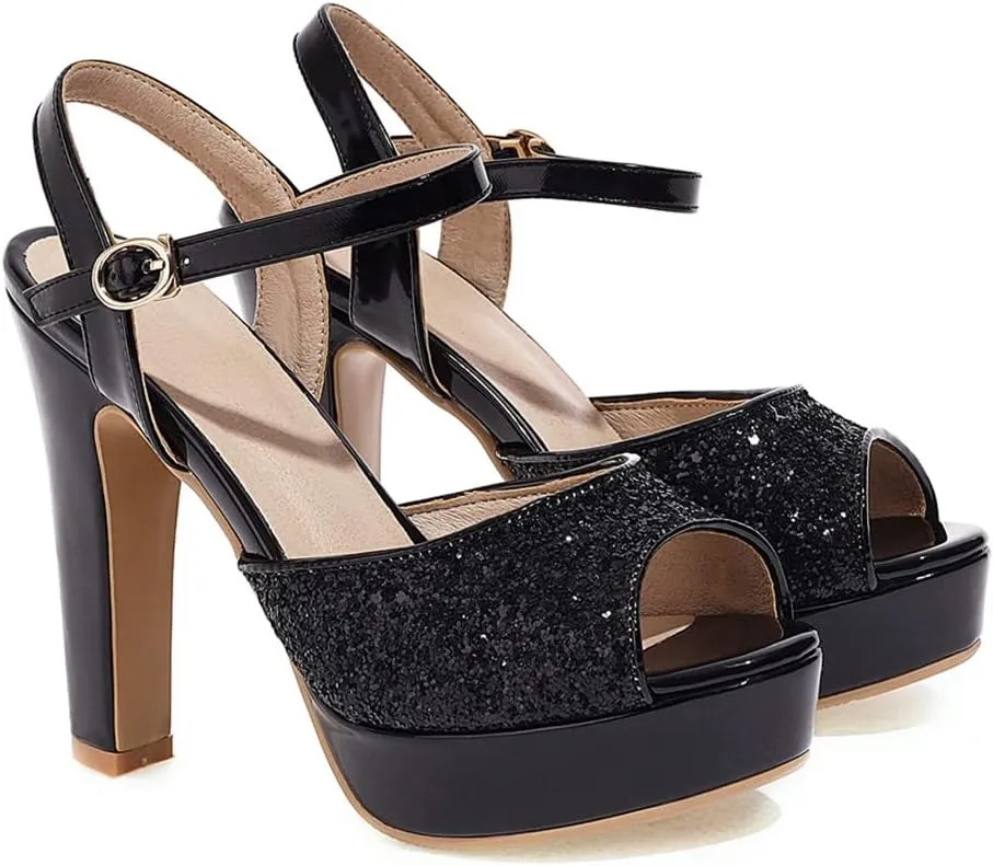 Elbslutt Women's High Heel Platform Chunky Sandals Glitter Peep Toe Ankle Strap Block Heeled Pumps
