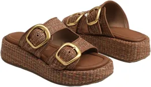 Espadrilles Platform Sandals Women Double Buckles Cute Beach Straw Raffia Sandals Comfortable Wedge Slides Shoes Vacation for Women