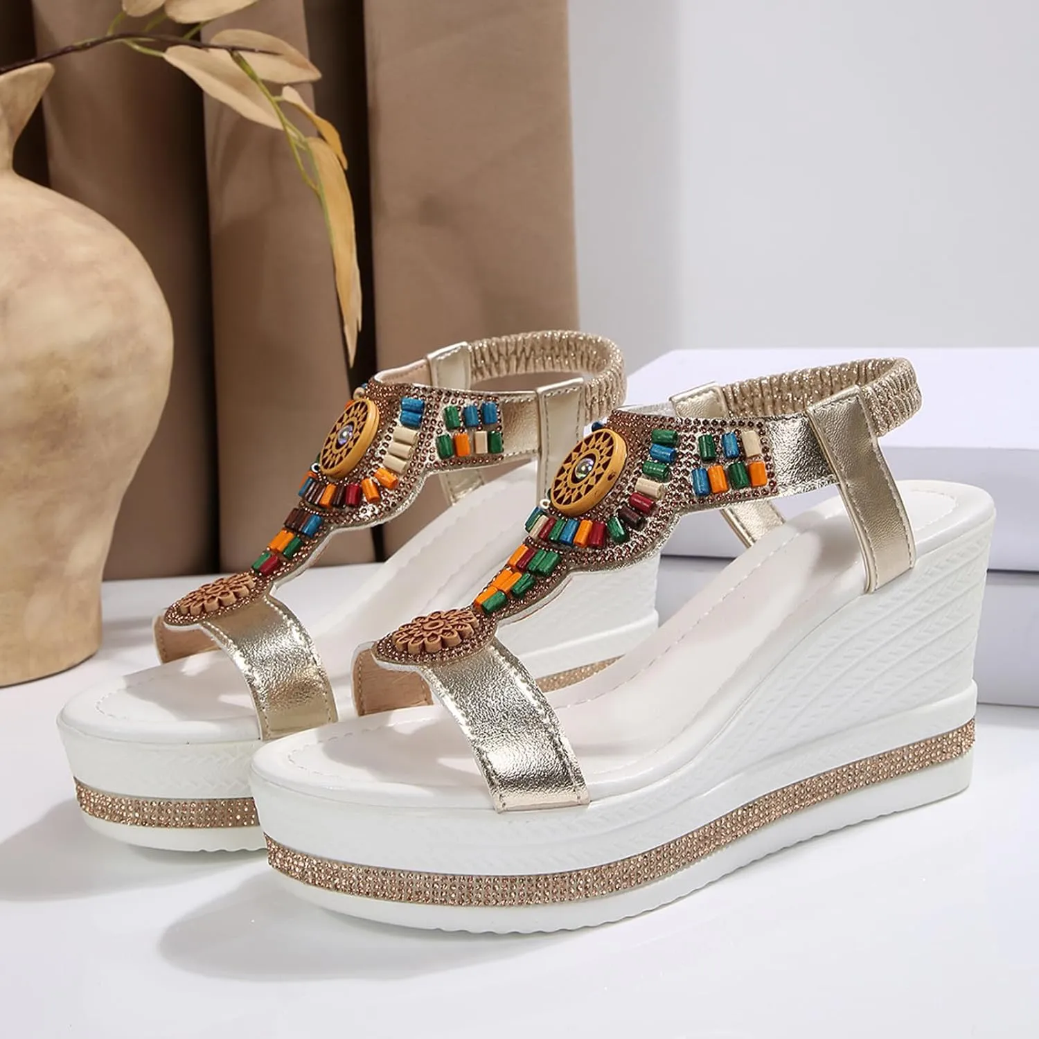 Espadrilles Rhinestones Platform Slides Dressy High Heel Beach Summer Sandals 2025 Open Toe T-Strap Slip On Comfortable Sandals Bohemian Beach Vacation Fashionable Elastic Ankle Strap Wedge Sandal