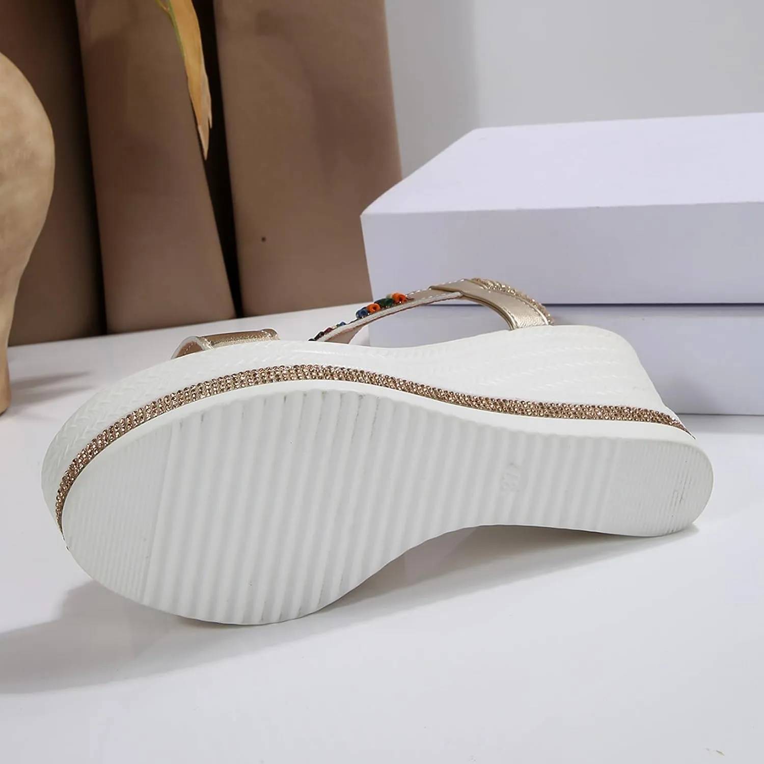 Espadrilles Rhinestones Platform Slides Dressy High Heel Beach Summer Sandals 2025 Open Toe T-Strap Slip On Comfortable Sandals Bohemian Beach Vacation Fashionable Elastic Ankle Strap Wedge Sandal