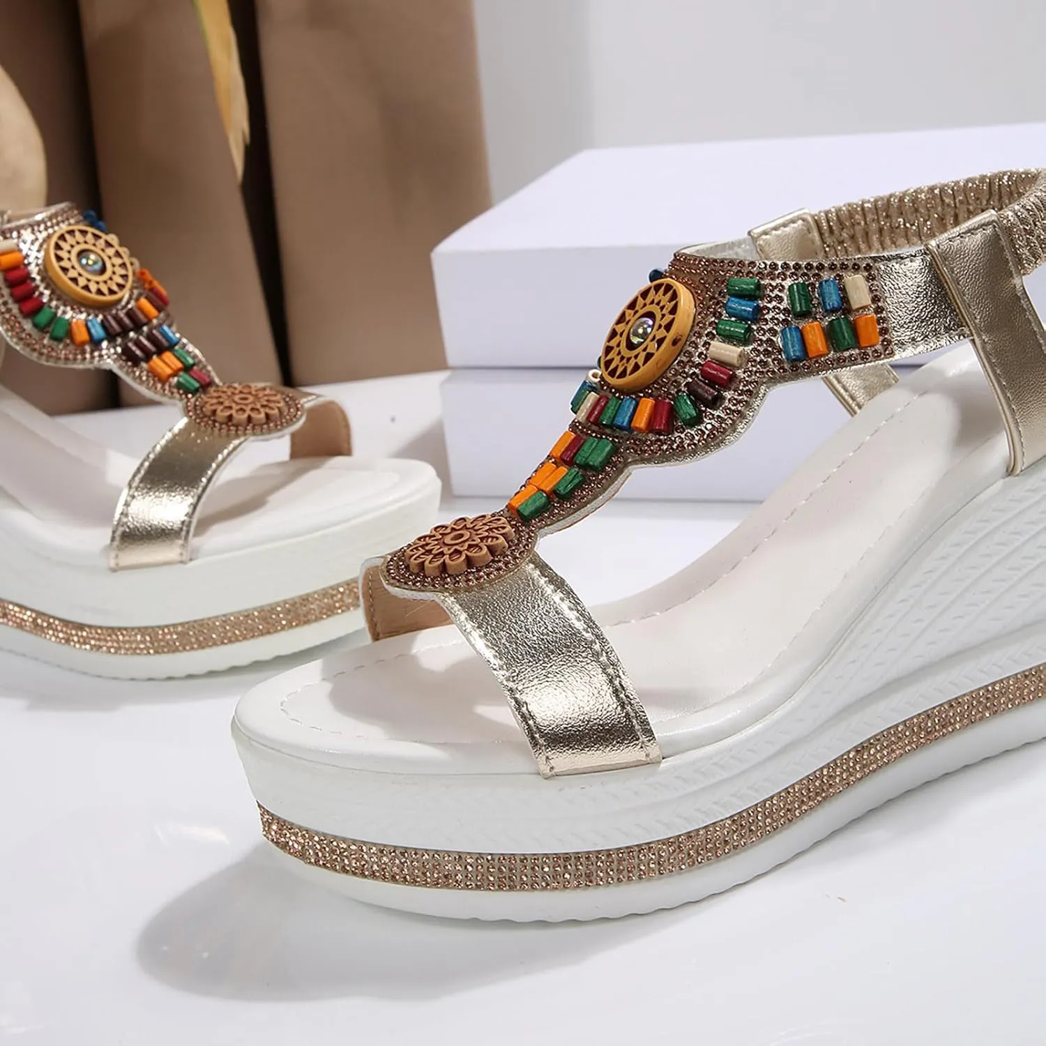 Espadrilles Rhinestones Platform Slides Dressy High Heel Beach Summer Sandals 2025 Open Toe T-Strap Slip On Comfortable Sandals Bohemian Beach Vacation Fashionable Elastic Ankle Strap Wedge Sandal