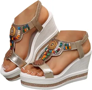 Espadrilles Rhinestones Platform Slides Dressy High Heel Beach Summer Sandals 2025 Open Toe T-Strap Slip On Comfortable Sandals Bohemian Beach Vacation Fashionable Elastic Ankle Strap Wedge Sandal
