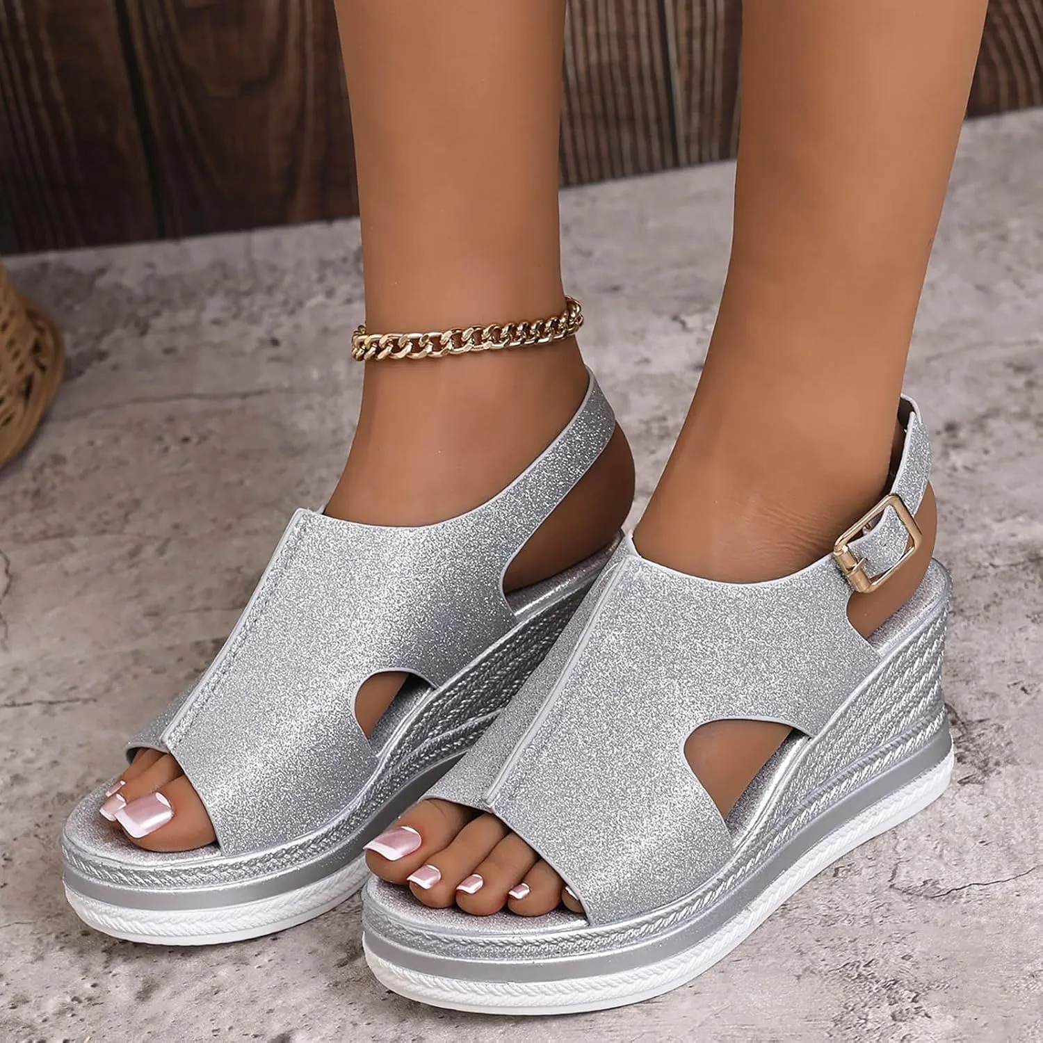Espadrilles Wedge Heels for Women Fish Mouth Ankle Strap Slingback Sandals Casual Non-Slip Platform Wedge Sandals Comfortable Outdoor Shoes