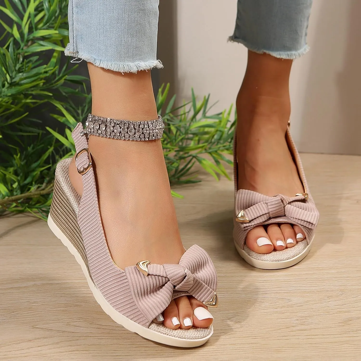 Espadrilles Wedge Sandals For Women, Women's Open Toe Platform Wedges Heels Summer Dressy Shoes Comfortable Ankle Strap Low Heel Canvas Bow Dress Sandals Casual Dress Retro Lightweight