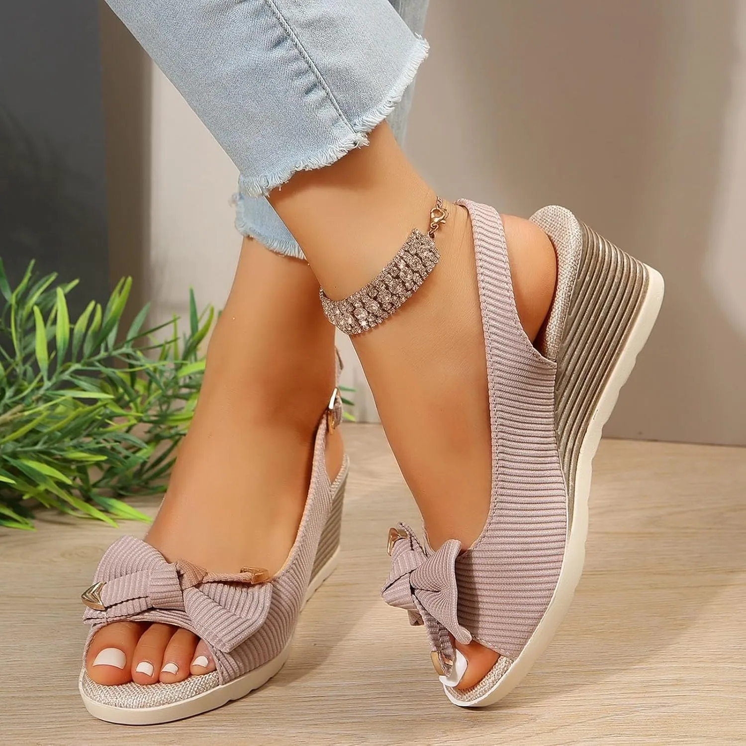 Espadrilles Wedge Sandals For Women, Women's Open Toe Platform Wedges Heels Summer Dressy Shoes Comfortable Ankle Strap Low Heel Canvas Bow Dress Sandals Casual Dress Retro Lightweight