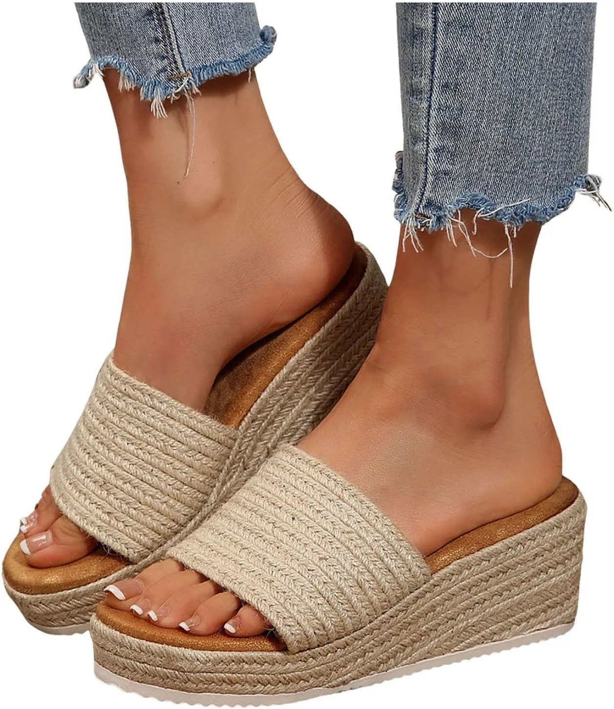 Espadrilles Wedge Sandals for Women,Walking Platform Sandals Fleece Lined Slippers for Women Summer Casual Fashion Beach Vacation Walking Fashionable Bohemia Dressy Sandal