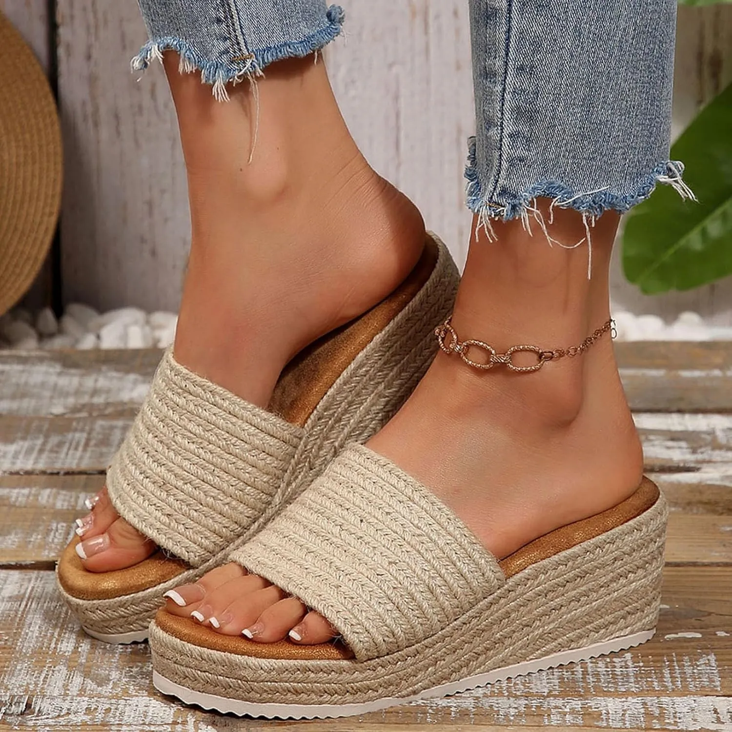 Espadrilles Wedge Sandals for Women,Walking Platform Sandals Fleece Lined Slippers for Women Summer Casual Fashion Beach Vacation Walking Fashionable Bohemia Dressy Sandal