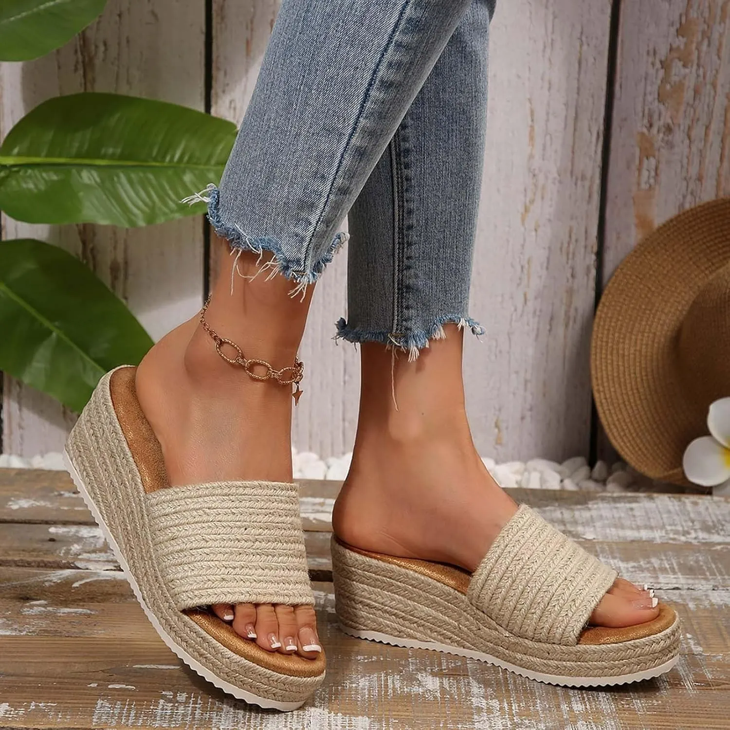 Espadrilles Wedge Sandals for Women,Walking Platform Sandals Fleece Lined Slippers for Women Summer Casual Fashion Beach Vacation Walking Fashionable Bohemia Dressy Sandal